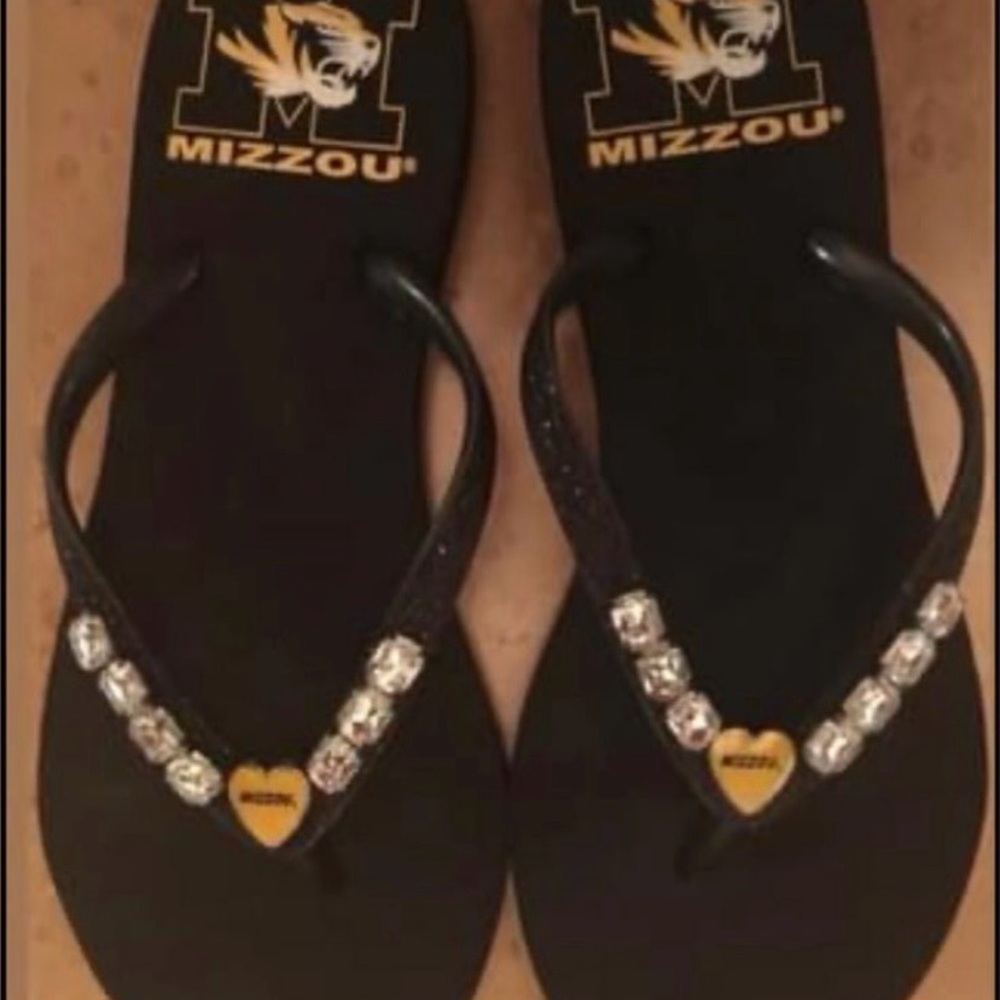 MU Missouri University Mizzou Black Flip Flops with Rhinestones